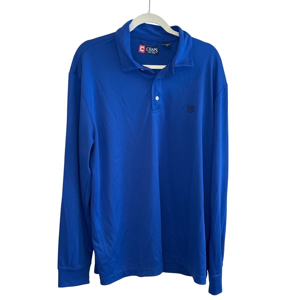 Chaps Mens XL‎ Royal Blue Long Sleeve Performance Polo Shirt Textured Polyester
